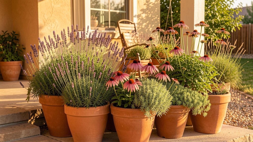 Drought-tolerant native planters on a front porch
