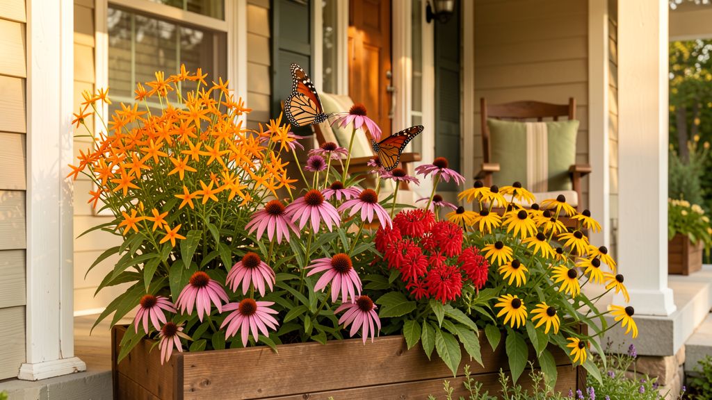 Pollinator garden planter with milkweed and echinacea