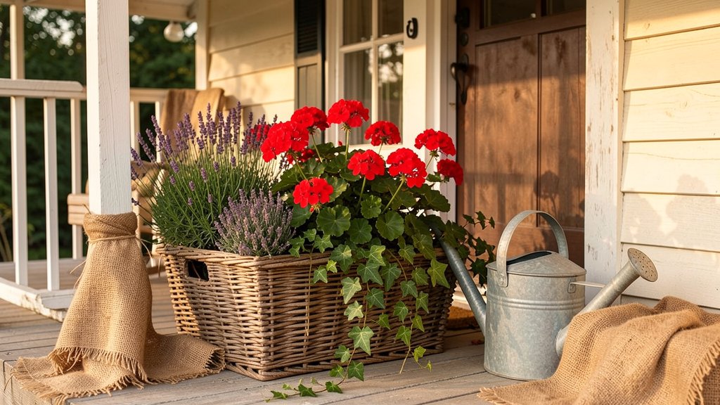 Rustic farmhouse basket planter on a front porch