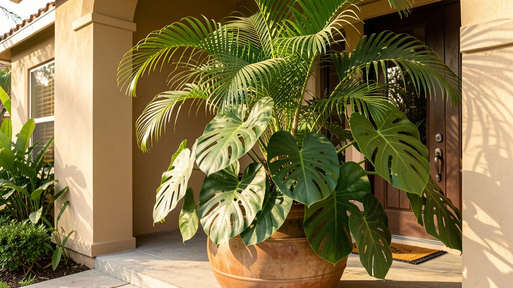 Tropical giant leaves with Monstera and palm on a front porch