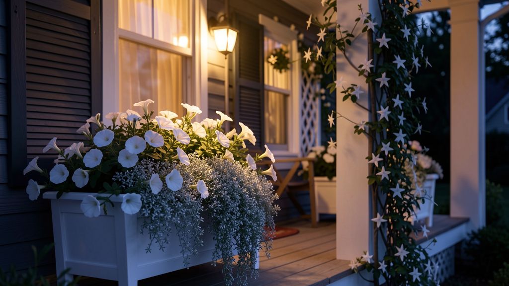 White moon garden planter glowing at dusk